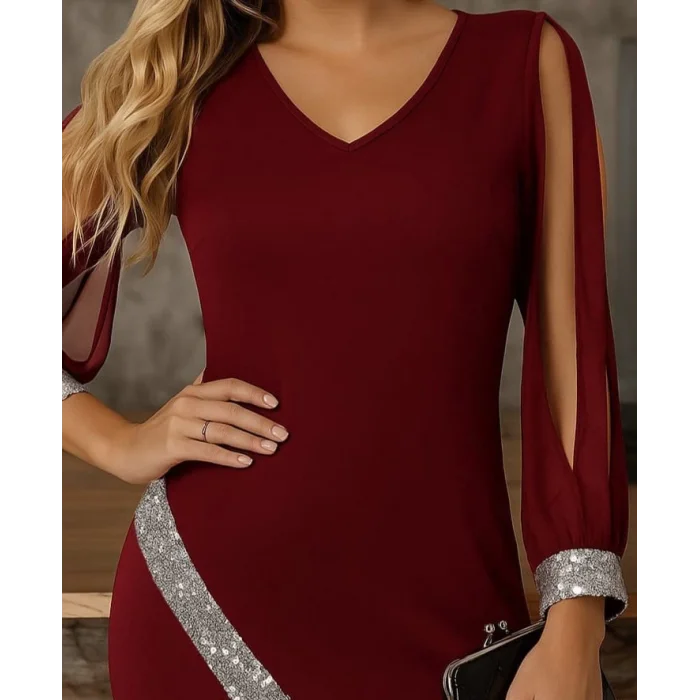 Kadın Uzun Kollu V Yakalı Pulpayetli Ithal Krep Elbise