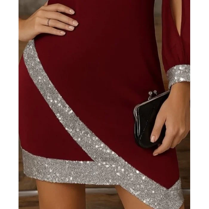 Kadın Uzun Kollu V Yakalı Pulpayetli Ithal Krep Elbise