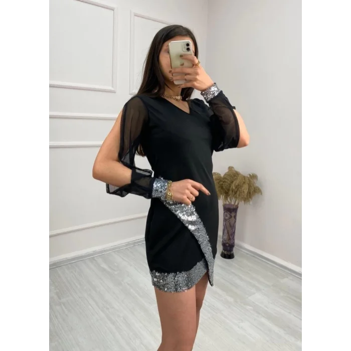 Kadın Uzun Kollu V Yakalı Pulpayetli Ithal Krep Mini Elbise