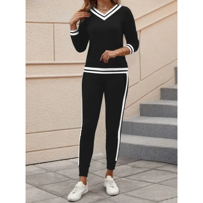 Kadın Uzun Kollu V Yakalı Ribanalı Viskon Iki Iplik Bluz Ve Pantolon Ikili Takım