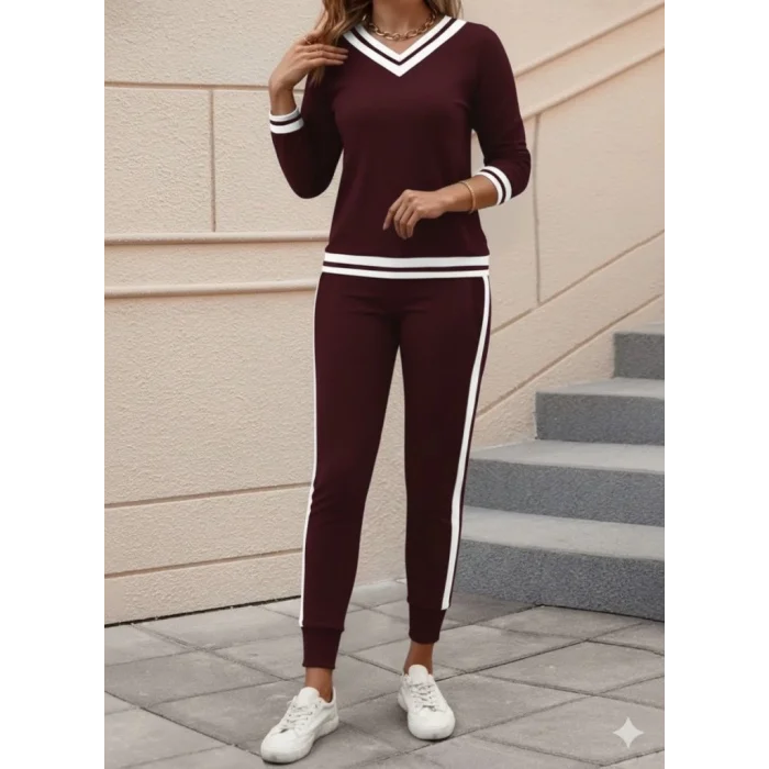 Kadın Uzun Kollu V Yakalı Ribanalı Viskon Iki Iplik Bluz Ve Pantolon Ikili Takım