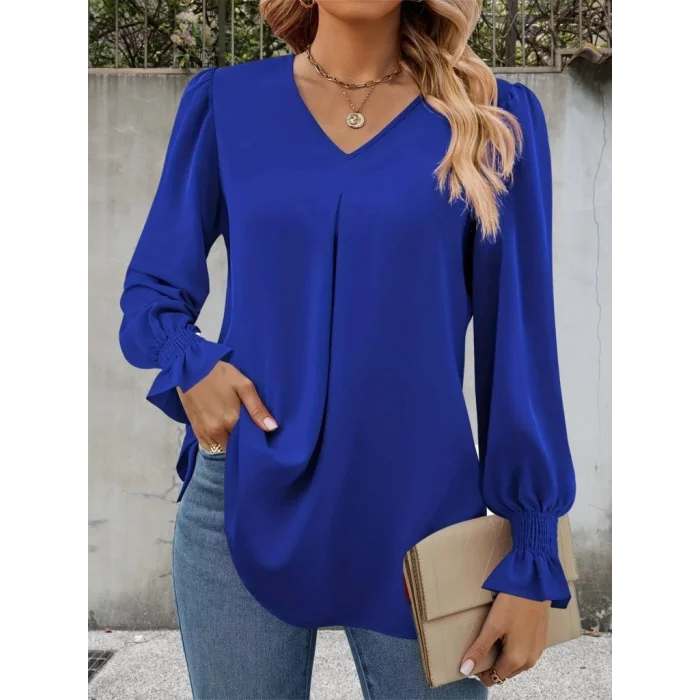 Kadın Uzun Kollu V Yakalı Salaş Ithal Krep Bluz
