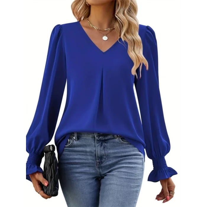 Kadın Uzun Kollu V Yakalı Salaş Ithal Krep Bluz