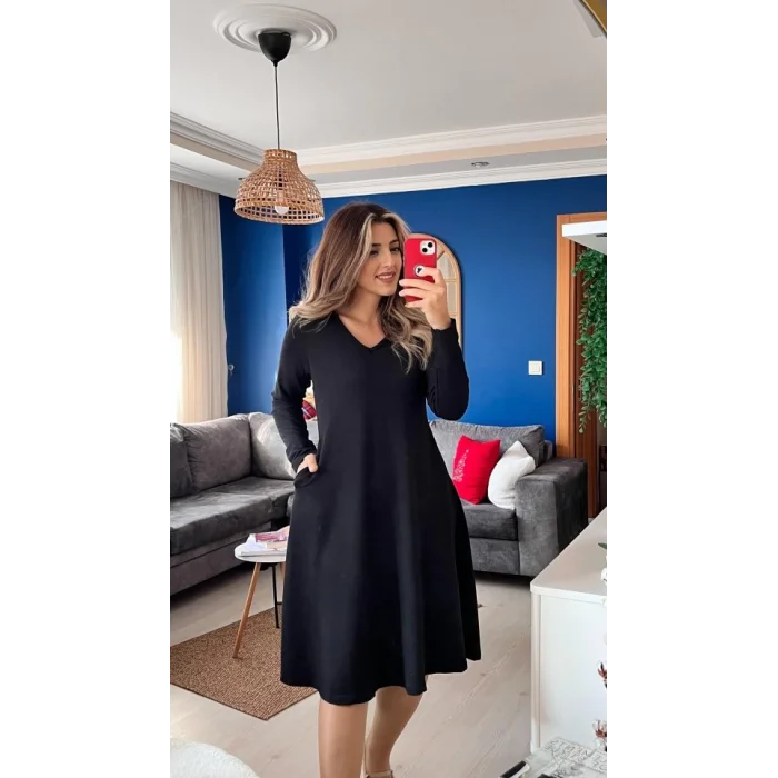 Kadın Uzun Kollu V Yakalı Salaş Midi Iki Iplik Elbise