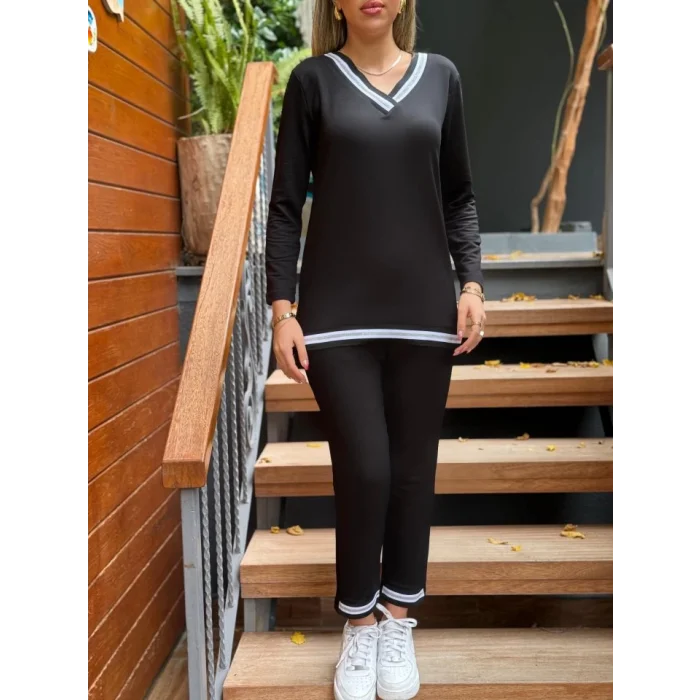 Kadın Uzun Kollu V Yakalı şerit Detay Alt Ve üst Viskon Iki Iplik Detay Ikili Takım