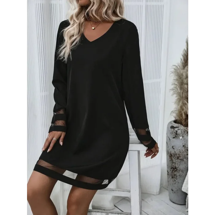 Kadın Uzun Kollu V Yakalı şeritli Tül Detaylı Ithal Krep Elbise