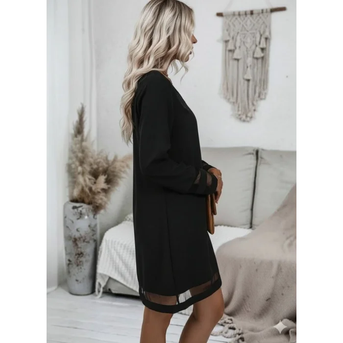 Kadın Uzun Kollu V Yakalı Tül şerit Detaylı Mini Krep Elbise