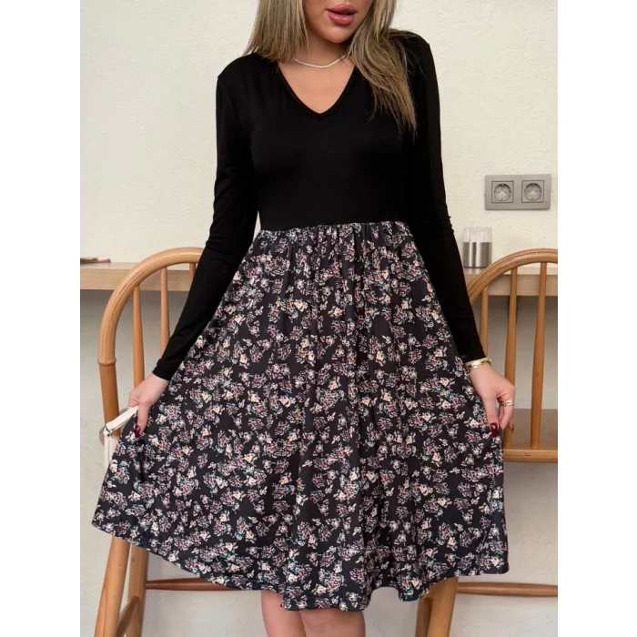 Kadın Uzun Kollu V Yakalı üst Viskon Alt çiçek Desenli Süprem Kısa Elbise