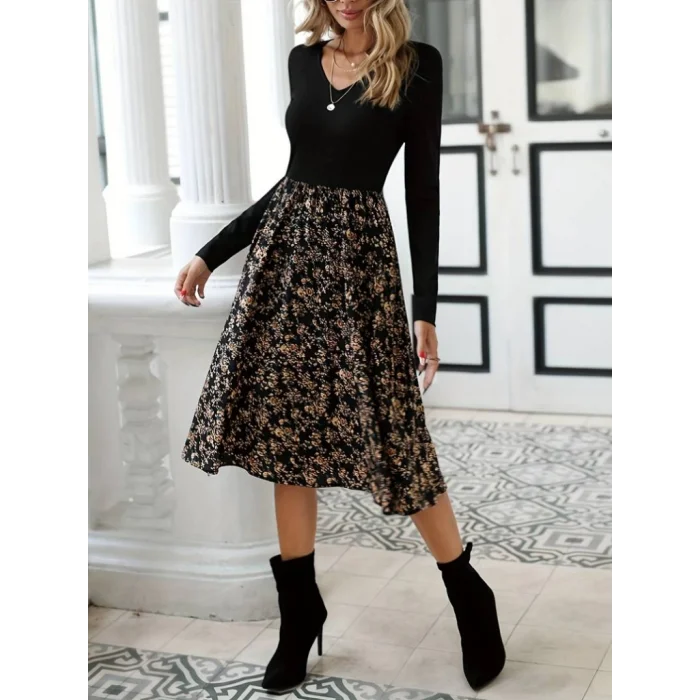 Kadın Uzun Kollu V Yakalı üst Viskon Alt çiçek Desenli Süprem Kısa Elbise