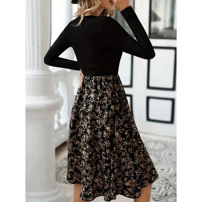 Kadın Uzun Kollu V Yakalı üst Viskon Alt çiçek Desenli Süprem Kısa Elbise