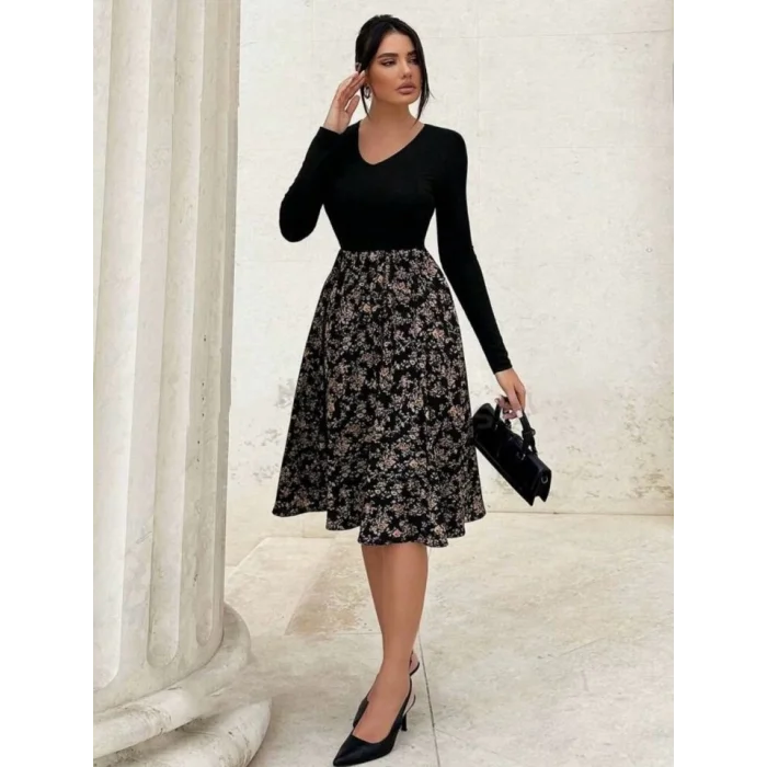 Kadın Uzun Kollu V Yakalı üst Viskon Alt çiçek Desenli Süprem Kısa Elbise