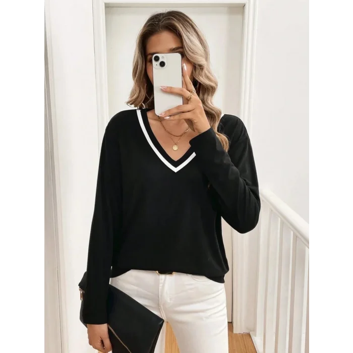 Kadın Uzun Kollu V Yakalı Viskon Iki Iplik Bluz