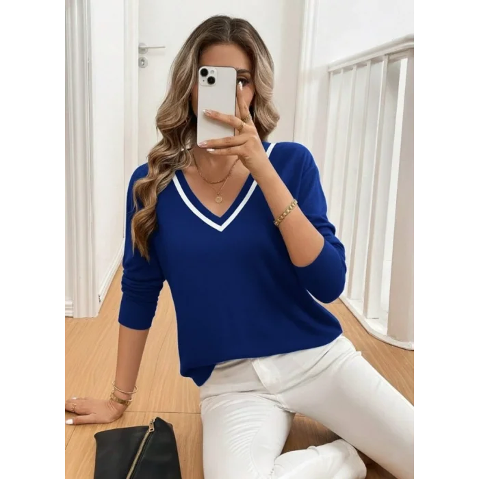 Kadın Uzun Kollu V Yakalı Viskon Iki Iplik Bluz