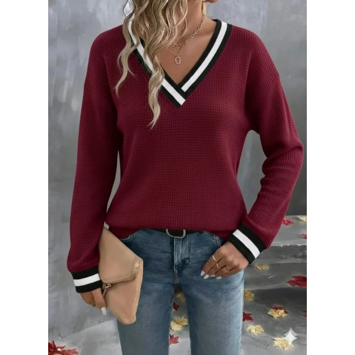 Kadın Uzun Kollu V Yakalı Waffle Bluz
