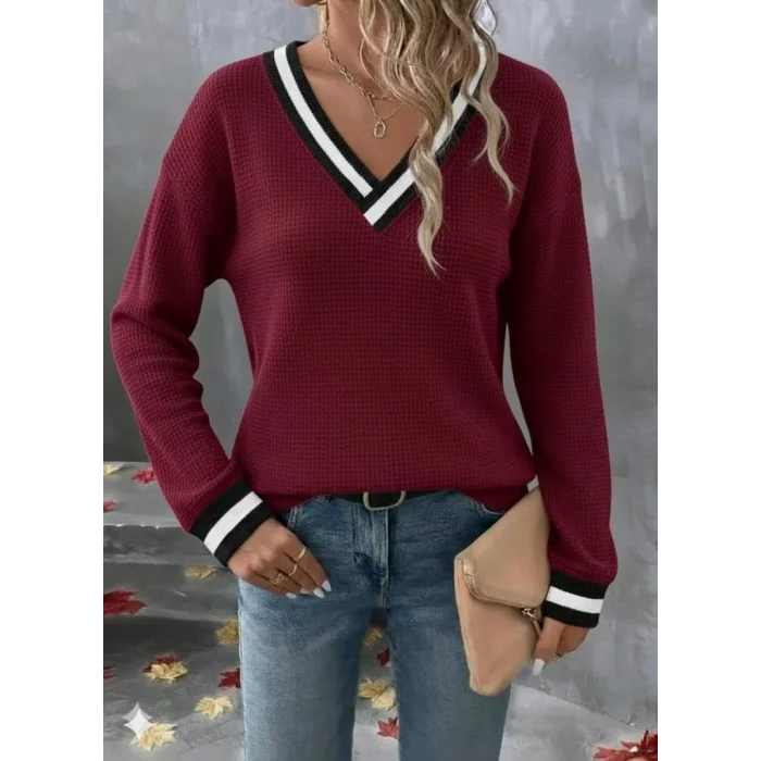 Kadın Uzun Kollu V Yakalı Waffle Bluz