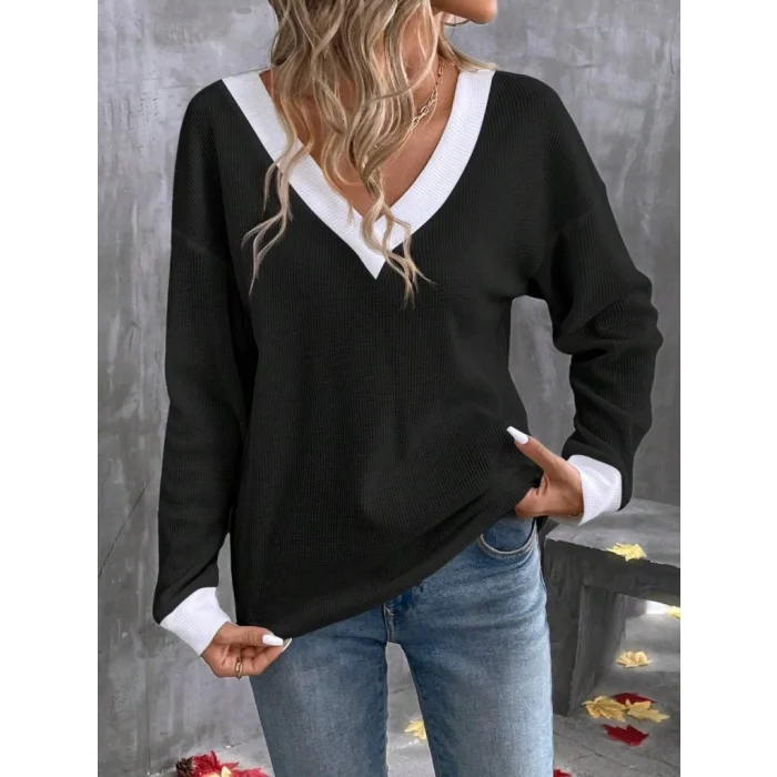 Kadın Uzun Kollu V Yakalı Waffle Bluz