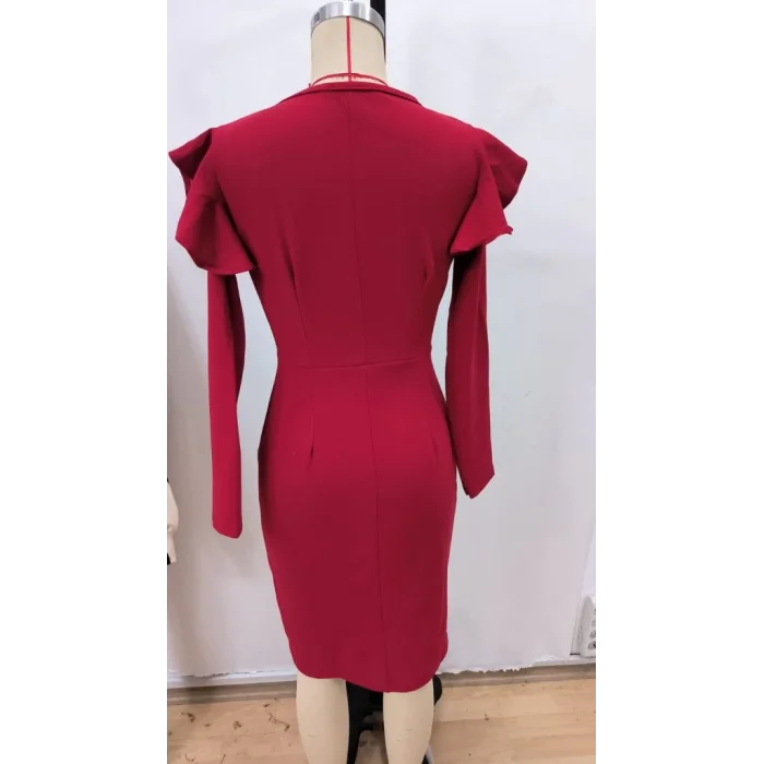 Kadın Uzun Kollu V Yakalı Yandan Yırtmaçlı Midi Ithal Krep Elbise