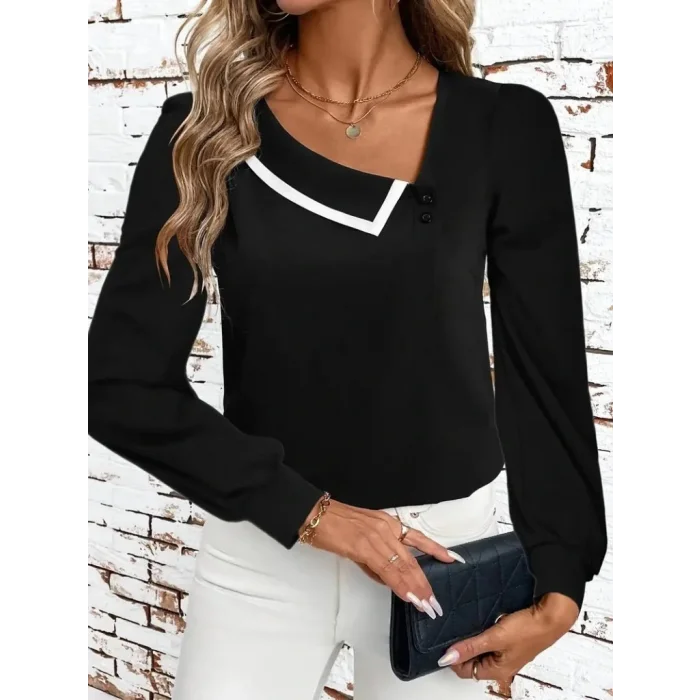 Kadın Uzun Kollu Yaka Detaylı Düğmeli Ithal Krep Bluz