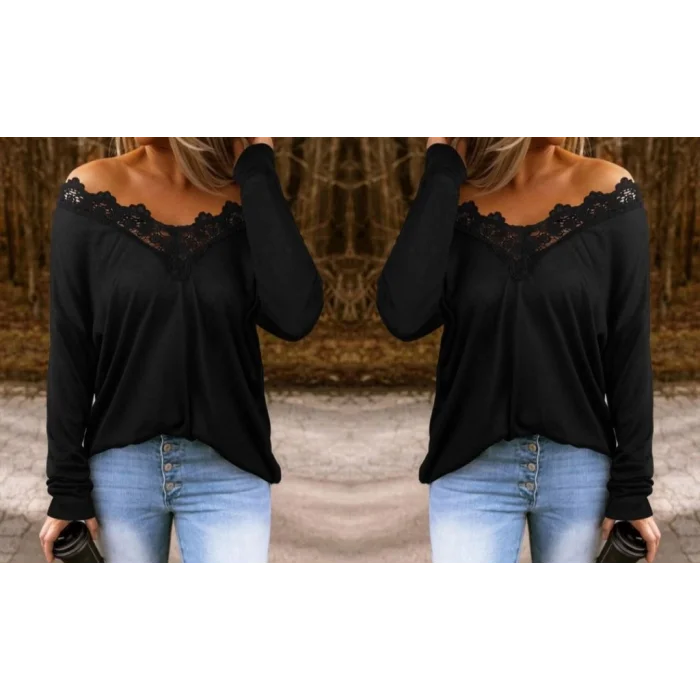 Kadın Uzun Kollu Yaka Güpür Detay Viskon Bluz