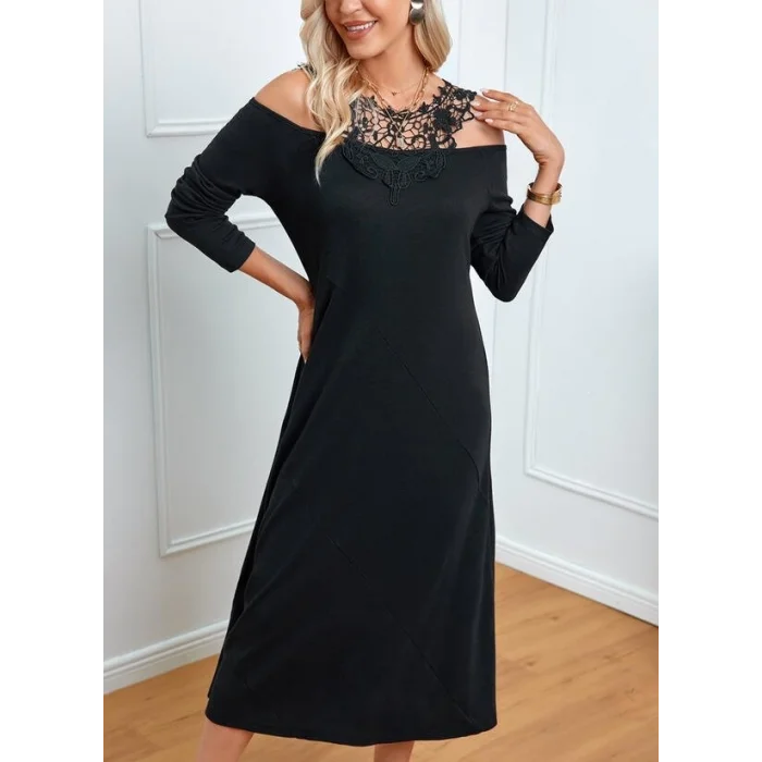 Kadın Uzun Kollu Yaka önü Güpürlü Madonna Yaka Viskon Midi Boy Elbise