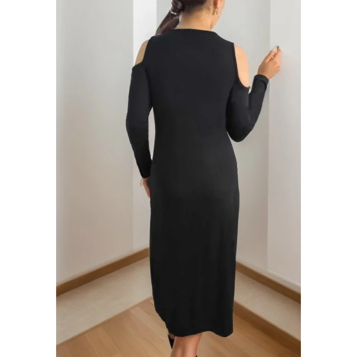 Kadın Uzun Kollu Yaka önü Güpürlü Madonna Yaka Viskon Midi Boy Elbise