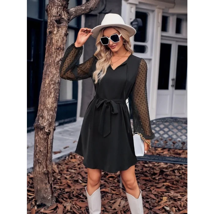 Kadın Uzun Kollu Yakadan Bağcıklı Belden Kuşaklı Ithal Krep Elbise