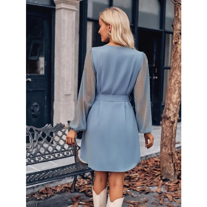 Kadın Uzun Kollu Yakadan Bağcıklı Belden Kuşaklı Ithal Krep Elbise