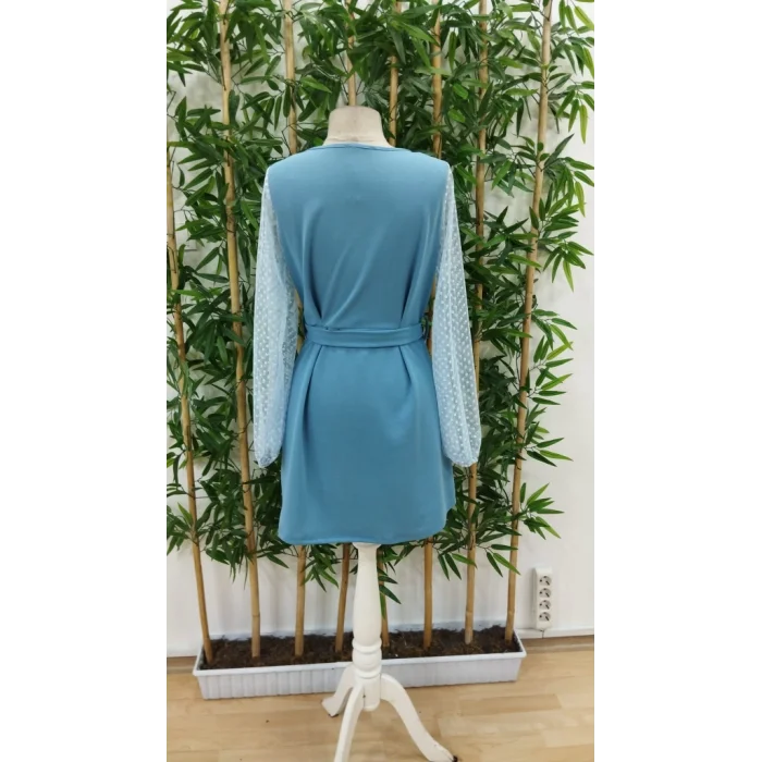 Kadın Uzun Kollu Yakadan Bağcıklı Belden Kuşaklı Ithal Krep Elbise