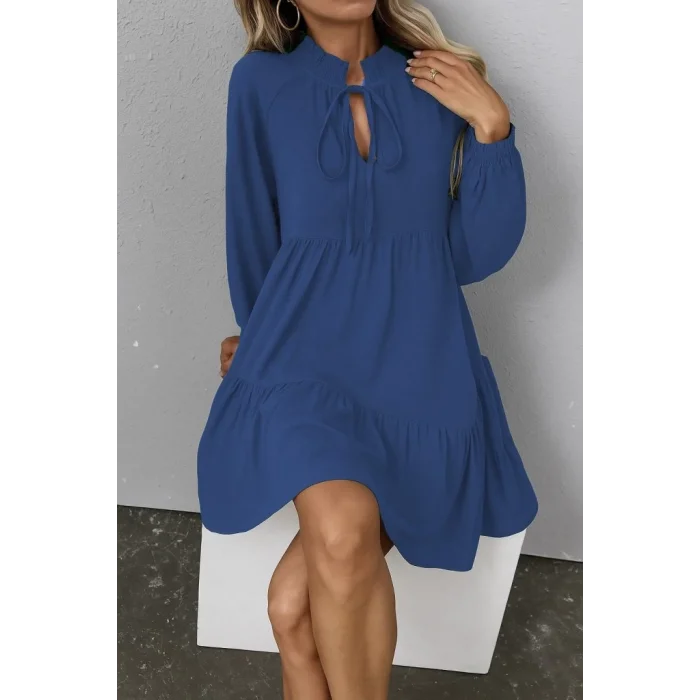 Kadın Uzun Kollu Yakadan Bağcıklı Fırfırlı Keten Mini Elbise