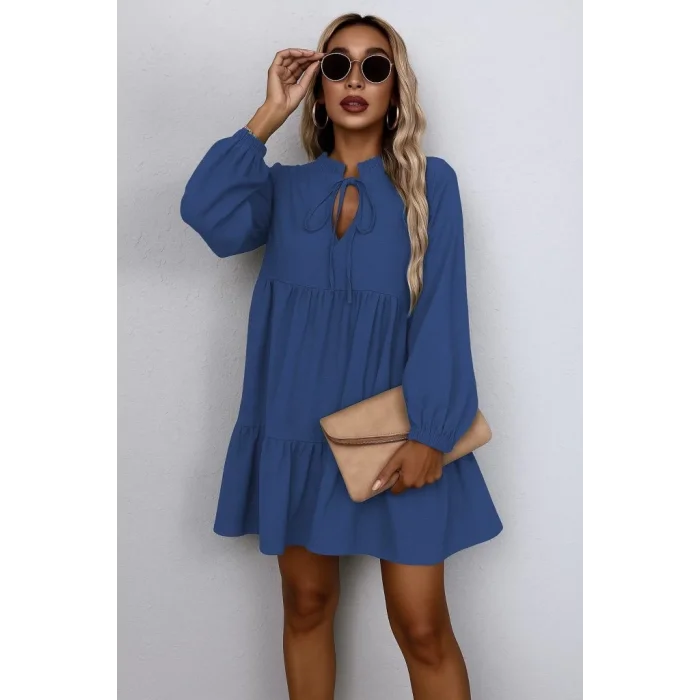 Kadın Uzun Kollu Yakadan Bağcıklı Fırfırlı Keten Mini Elbise