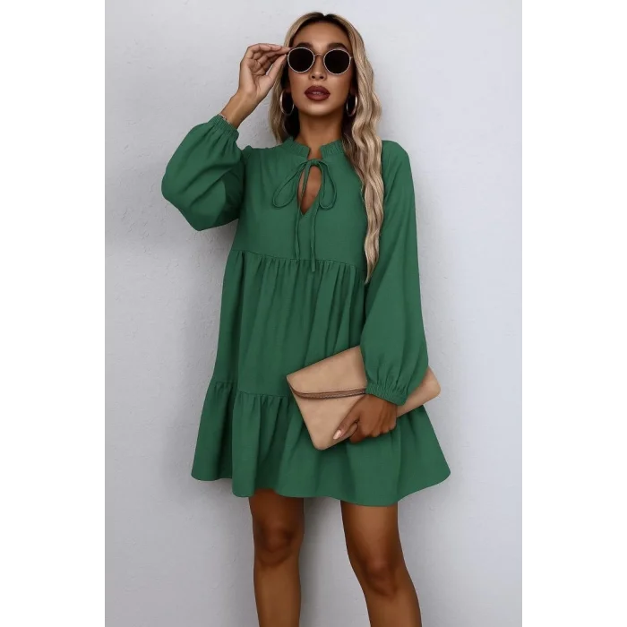 Kadın Uzun Kollu Yakadan Bağcıklı Fırfırlı Keten Mini Elbise