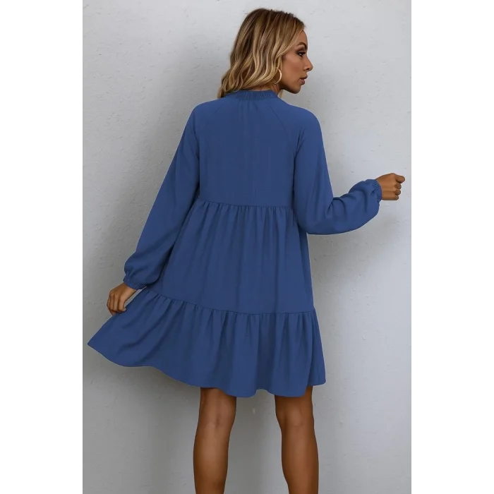 Kadın Uzun Kollu Yakadan Bağcıklı Fırfırlı Keten Mini Elbise