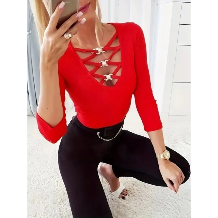 Kadın Uzun Kollu Yakadan çapraz Detaylı Kaşkorse Bluz