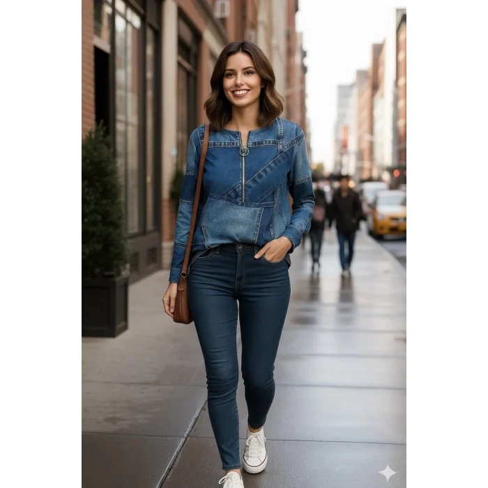 Kadın Uzun Kollu Yakadan Fermuarlı Kot Görünüm Desenli Uzun Modal Bluz