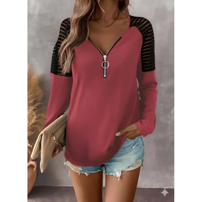 Kadın Uzun Kollu Yakadan Fermuarlı Viskon Bluz