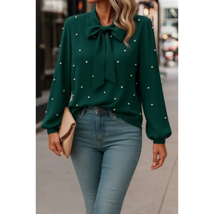 Kadın Uzun Kollu Yakadan Fiyonklu Incili Ithal Krep Bluz