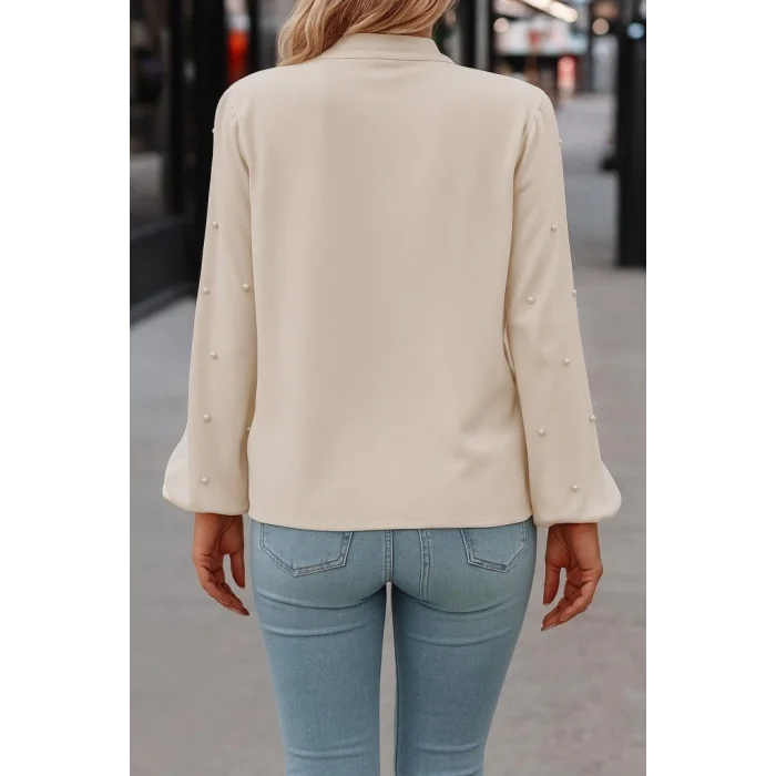 Kadın Uzun Kollu Yakadan Fiyonklu Incili Ithal Krep Bluz