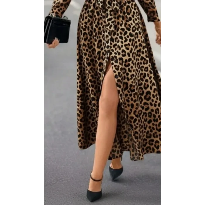 Kadın Uzun Kollu Yakalı Belden Kuşaklı Leopar Desenli Modal Uzun Elbise
