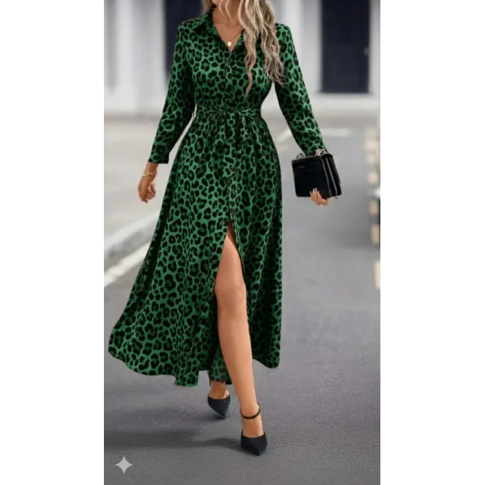 Kadın Uzun Kollu Yakalı Belden Kuşaklı Leopar Desenli Modal Uzun Elbise
