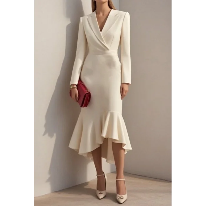 Kadın Uzun Kollu Yakalı Belden Oturtmalı Midi Ithal Krep Elbise