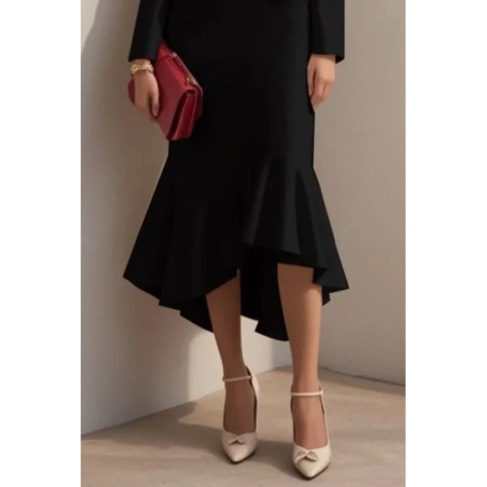 Kadın Uzun Kollu Yakalı Belden Oturtmalı Midi Ithal Krep Elbise