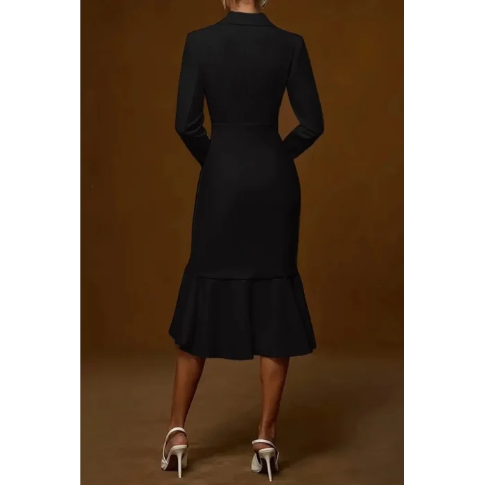 Kadın Uzun Kollu Yakalı Belden Oturtmalı Midi Ithal Krep Elbise