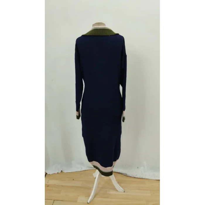 Kadın Uzun Kollu Yakalı çok Renkli Triko Uzun Elbise