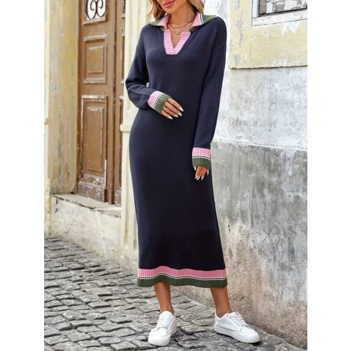 Kadın Uzun Kollu Yakalı çok Renkli Triko Uzun Elbise