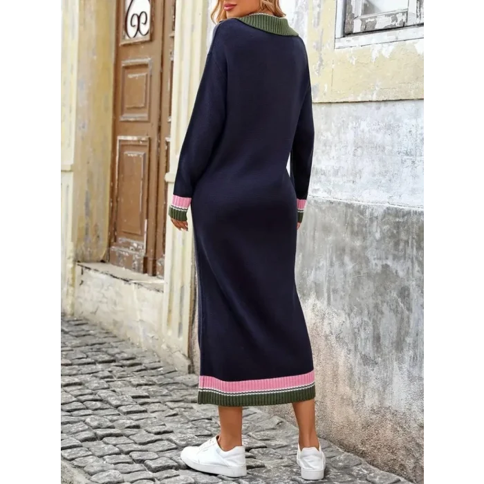 Kadın Uzun Kollu Yakalı çok Renkli Triko Uzun Elbise