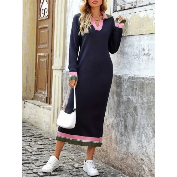 Kadın Uzun Kollu Yakalı çok Renkli Triko Uzun Elbise