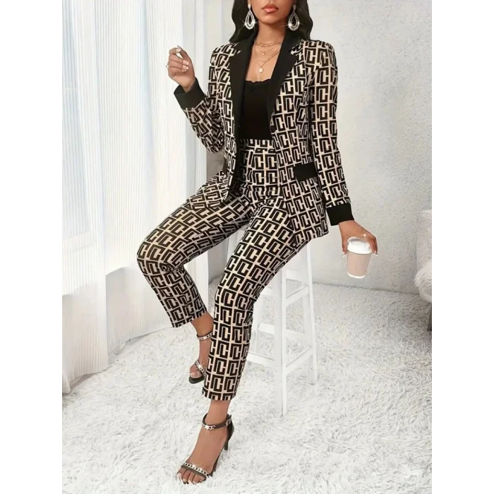 Kadın Uzun Kollu Yakalı Desenli Dalgıç Ceket Bluz Ve Pantolon üçlü Takım