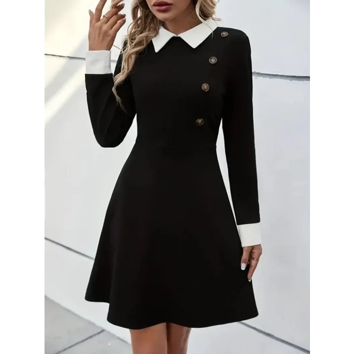 Kadın Uzun Kollu Yakalı Düğmeli Kısa Modal Mini Elbise