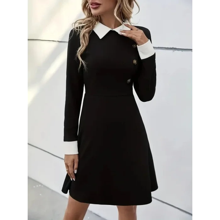 Kadın Uzun Kollu Yakalı Düğmeli Kısa Modal Mini Elbise