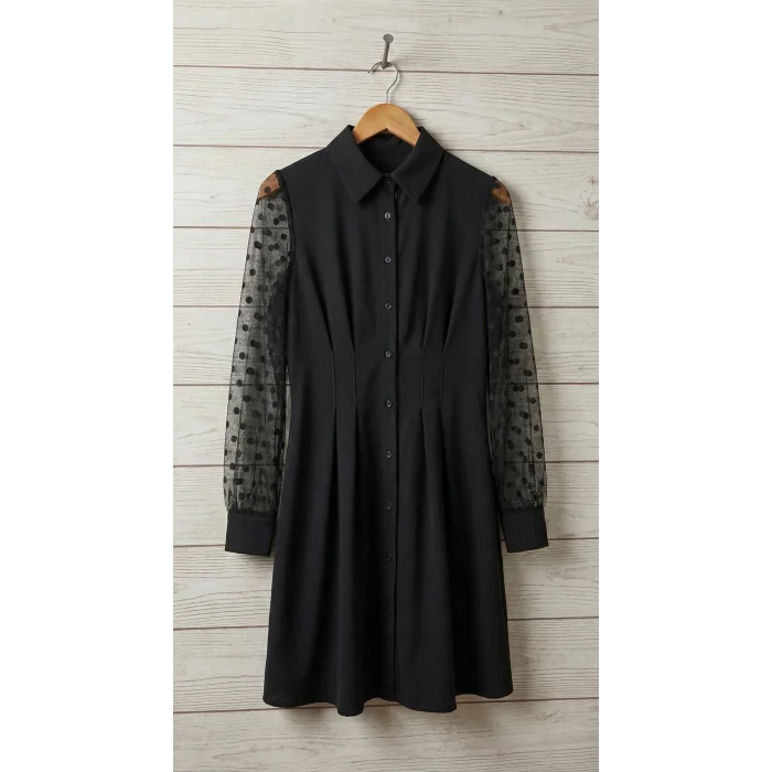 Kadın Uzun Kollu Yakalı Düğmeli Mini Ithal Krep Elbise